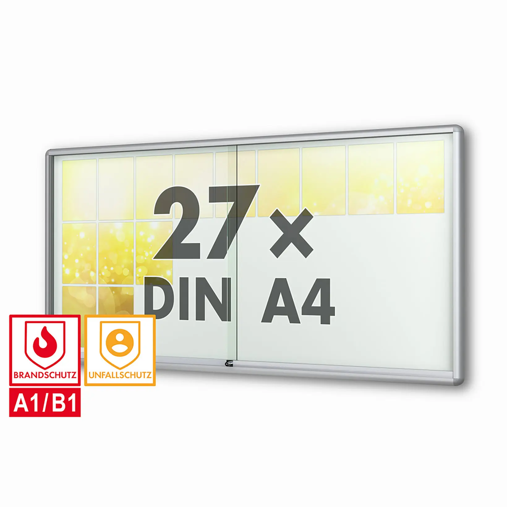 schaukasten moveo - die Schulvitrine - mit Brandschutzklasse A1 - Rollengelagerte Schiebetueren abschliessbar ESG-Sicherheitsglas
