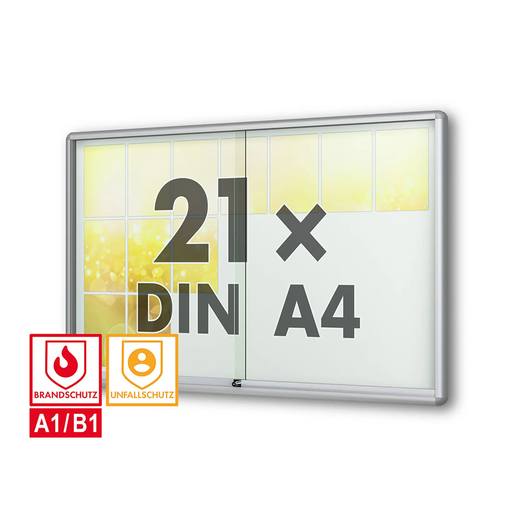 schaukasten moveo - die Schulvitrine - mit Brandschutzklasse A1 - Rollengelagerte Schiebetueren abschliessbar ESG-Sicherheitsglas