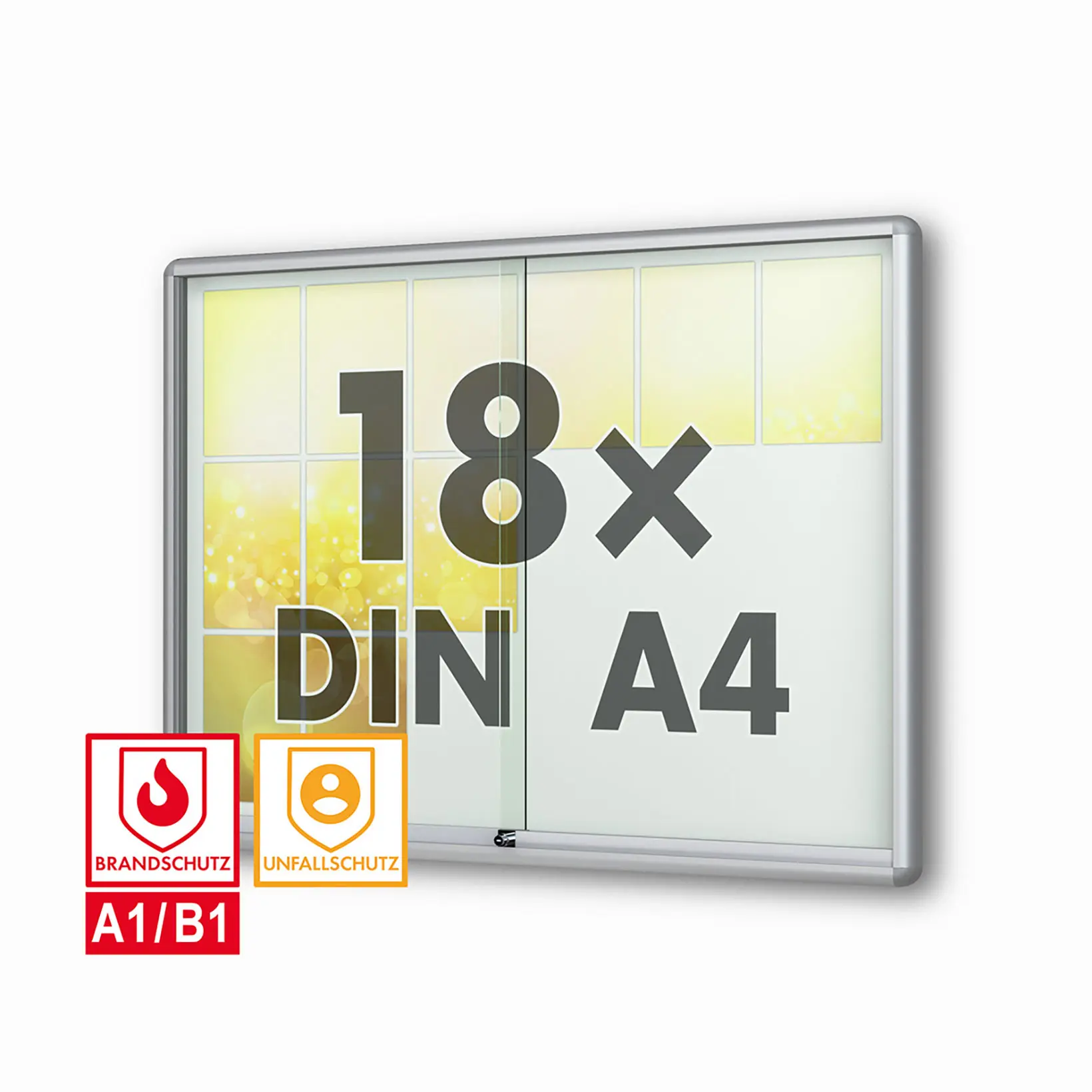 schaukasten moveo - die Schulvitrine - mit Brandschutzklasse A1 - Rollengelagerte Schiebetueren abschliessbar ESG-Sicherheitsglas